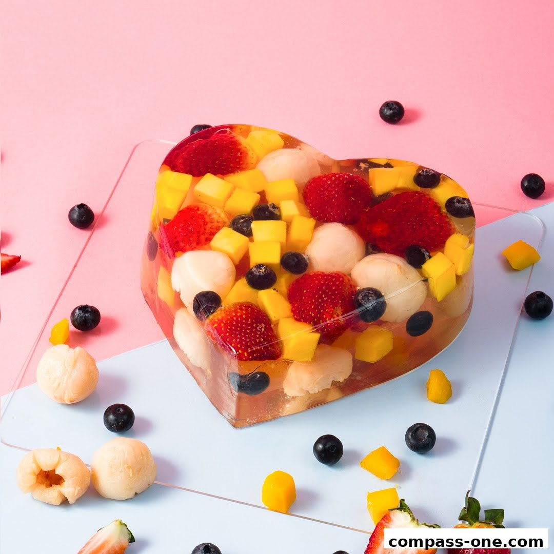A heart-shaped jelly dessert filled with fresh fruits like strawberries, mangoes, blueberries, and lychees.