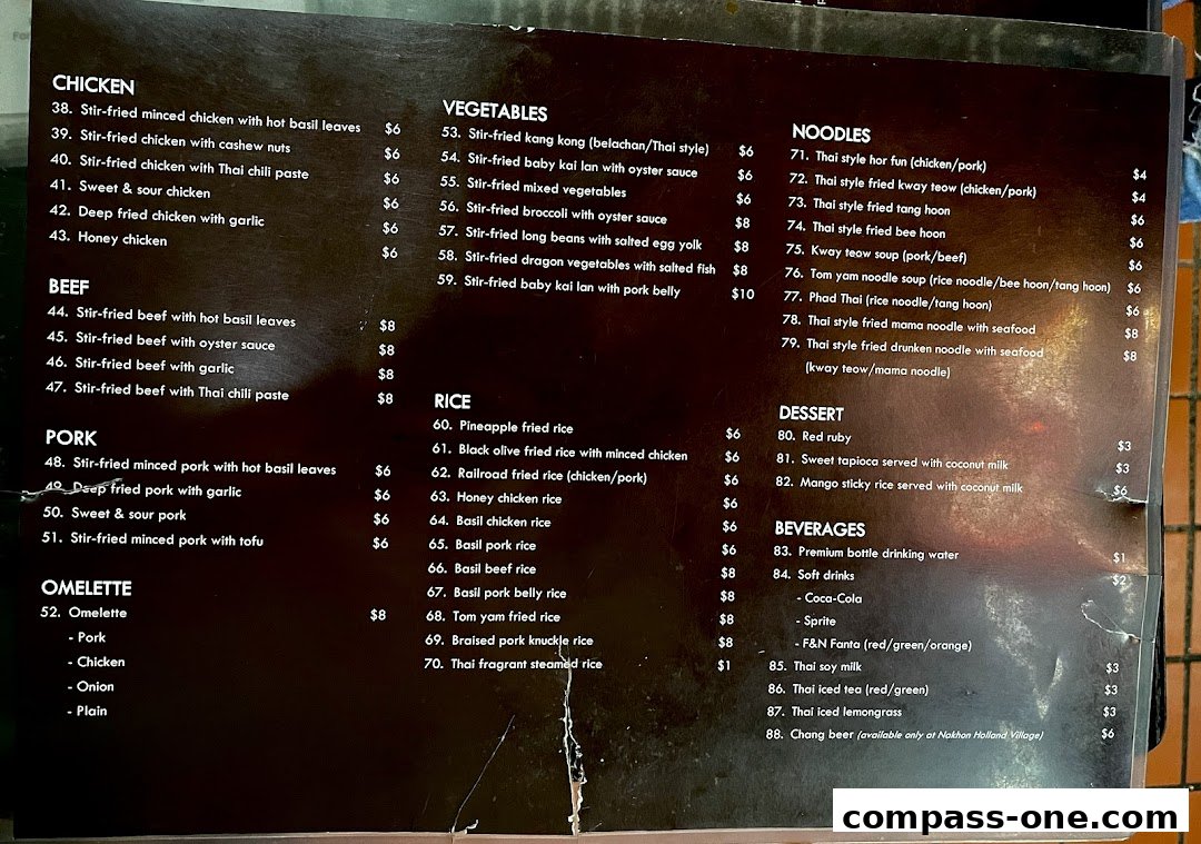 A menu from Nakhon Kitchen featuring Thai dishes like chicken, beef, pork, rice, noodles, and desserts.