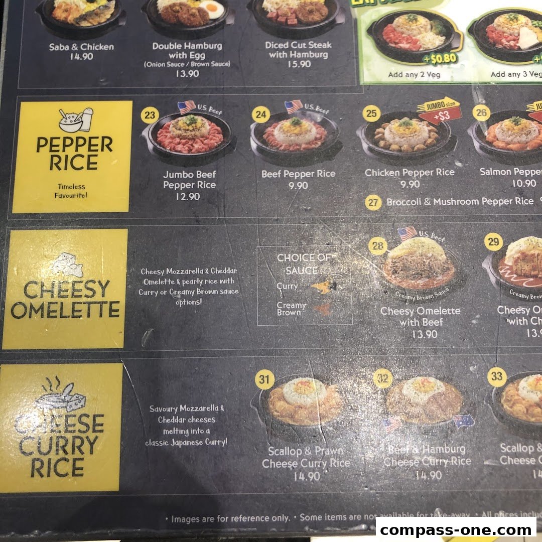 A menu display for Pepper Lunch featuring various rice dishes and omelettes.