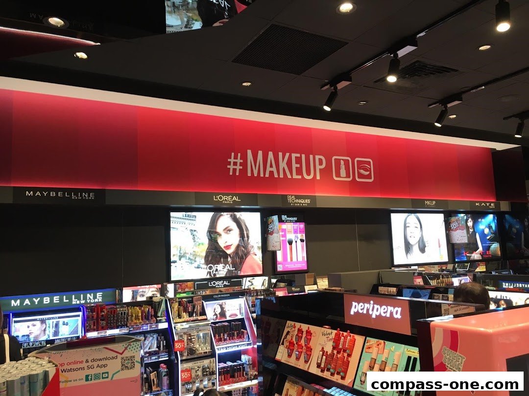 Interior view of a Watsons store showcasing makeup brands and products.