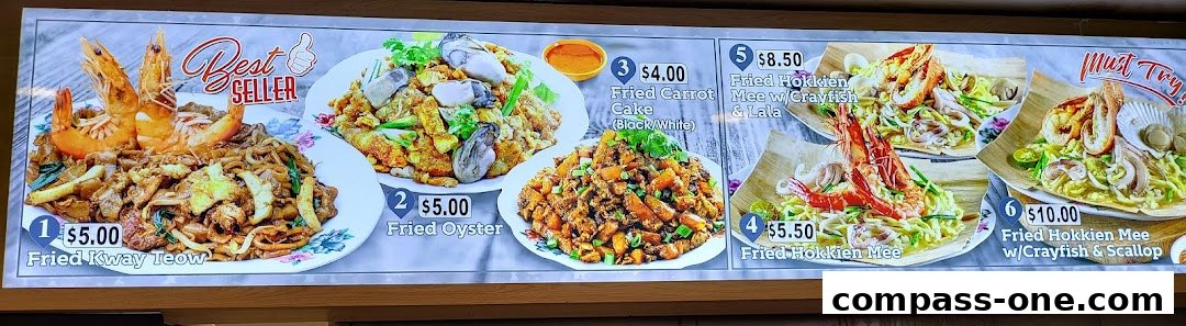 A brightly lit menu board showcasing six popular dishes with appetizing food photography.