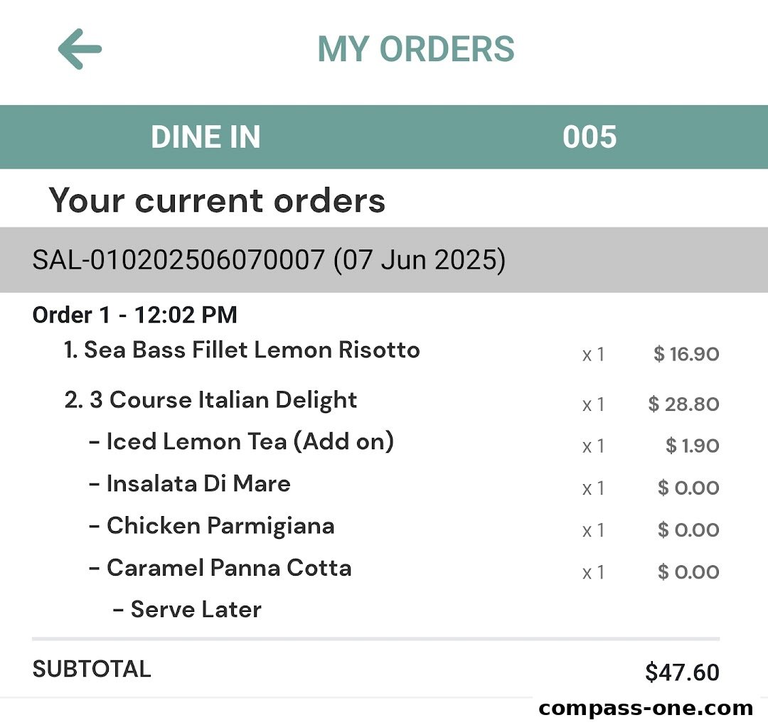 A digital order summary showing Italian dishes and their prices.