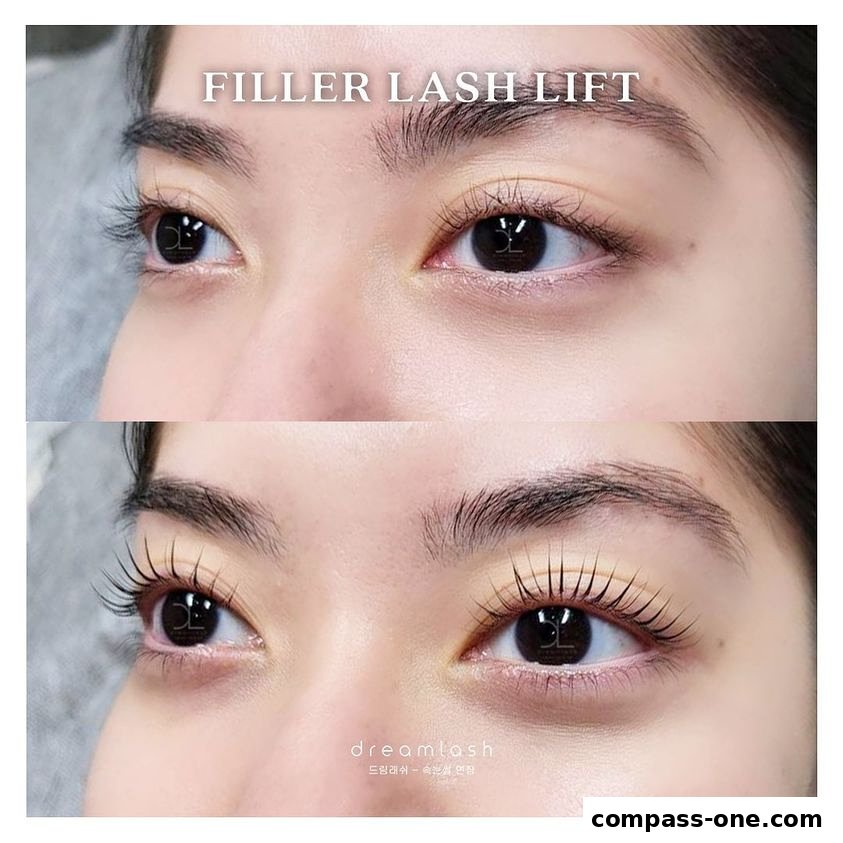 Before and after comparison of a lash lift treatment showing dramatic lash enhancement.