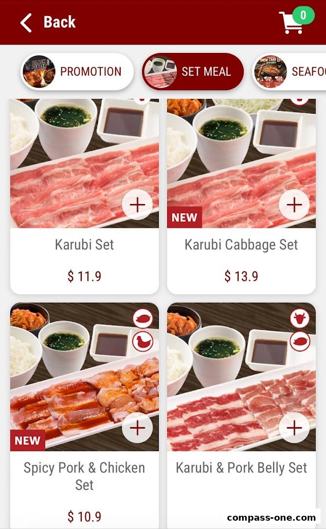 A mobile app screen displaying various Yakiniku Like meal sets with prices.