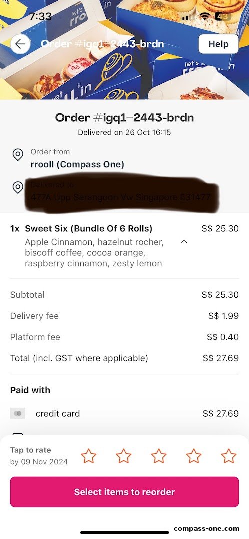 A screenshot of an online order confirmation for a bundle of 6 rolls from rrooll.