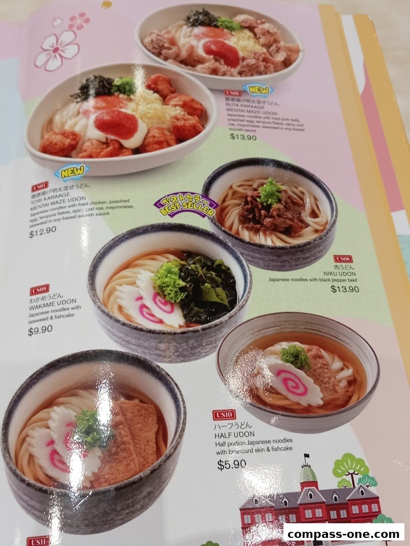 A menu featuring various udon noodle dishes with detailed descriptions and prices.