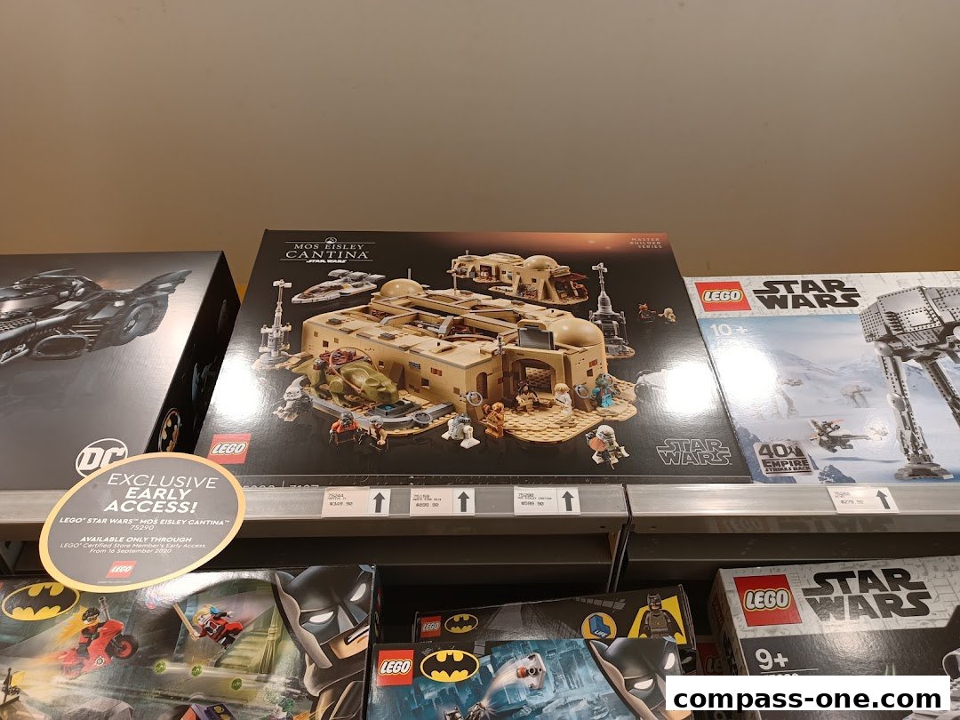 LEGO Star Wars and DC Comics sets displayed on shelves, with an exclusive early access sticker.