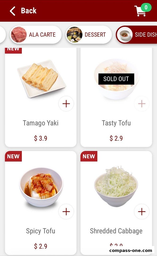 A digital menu displaying Yakiniku Like's ala carte items with prices and images.