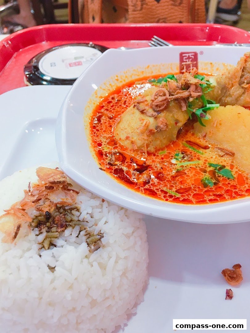A close-up of a delicious bowl of curry chicken with rice, garnished with fried shallots.