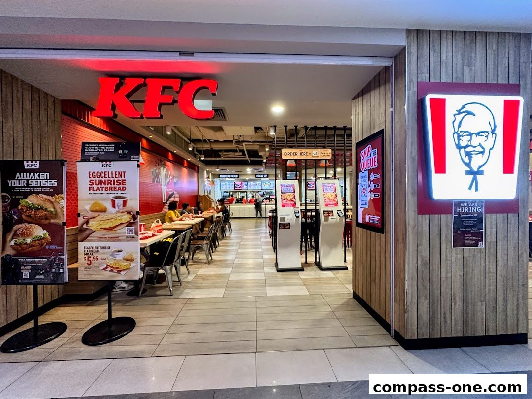 The entrance to a KFC restaurant with prominent signage and promotional displays.