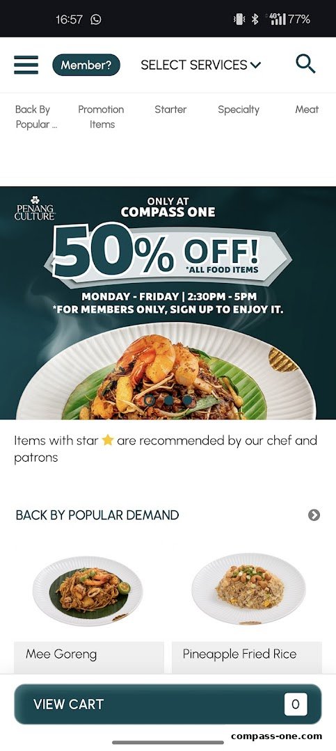 A promotional banner for Penang Culture offering 50% off food items for members.