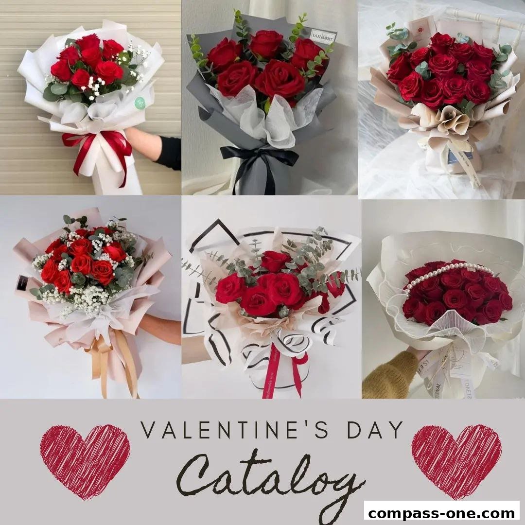 A collage of six beautiful red rose bouquets, presented for Valentine's Day.