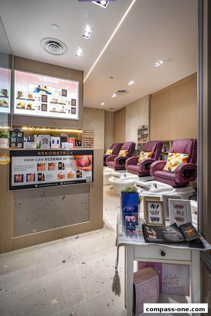 Interior of a nail spa with pedicure chairs, nail polish displays, and promotional materials.