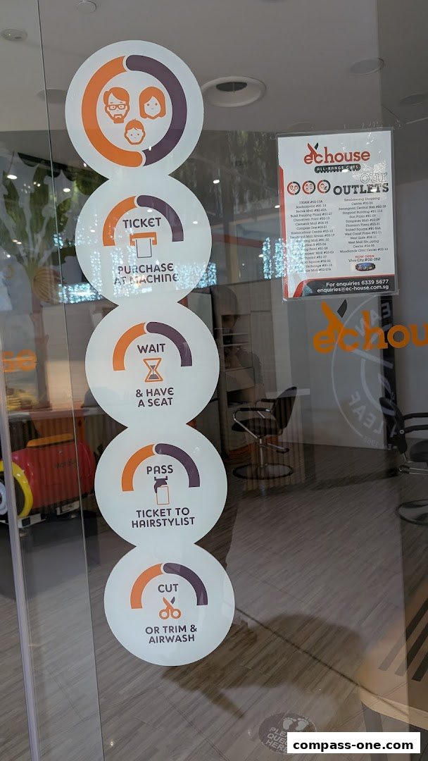 Shop entrance with circular decals illustrating the service process and an outlet list.