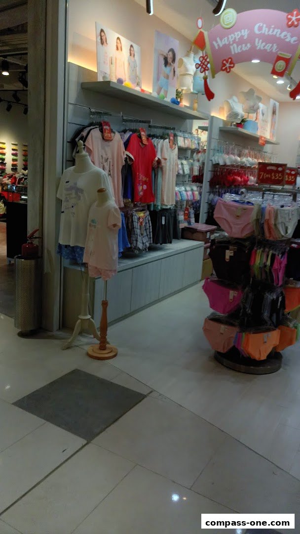 A well-lit retail store interior showcasing women's apparel and undergarments on display.