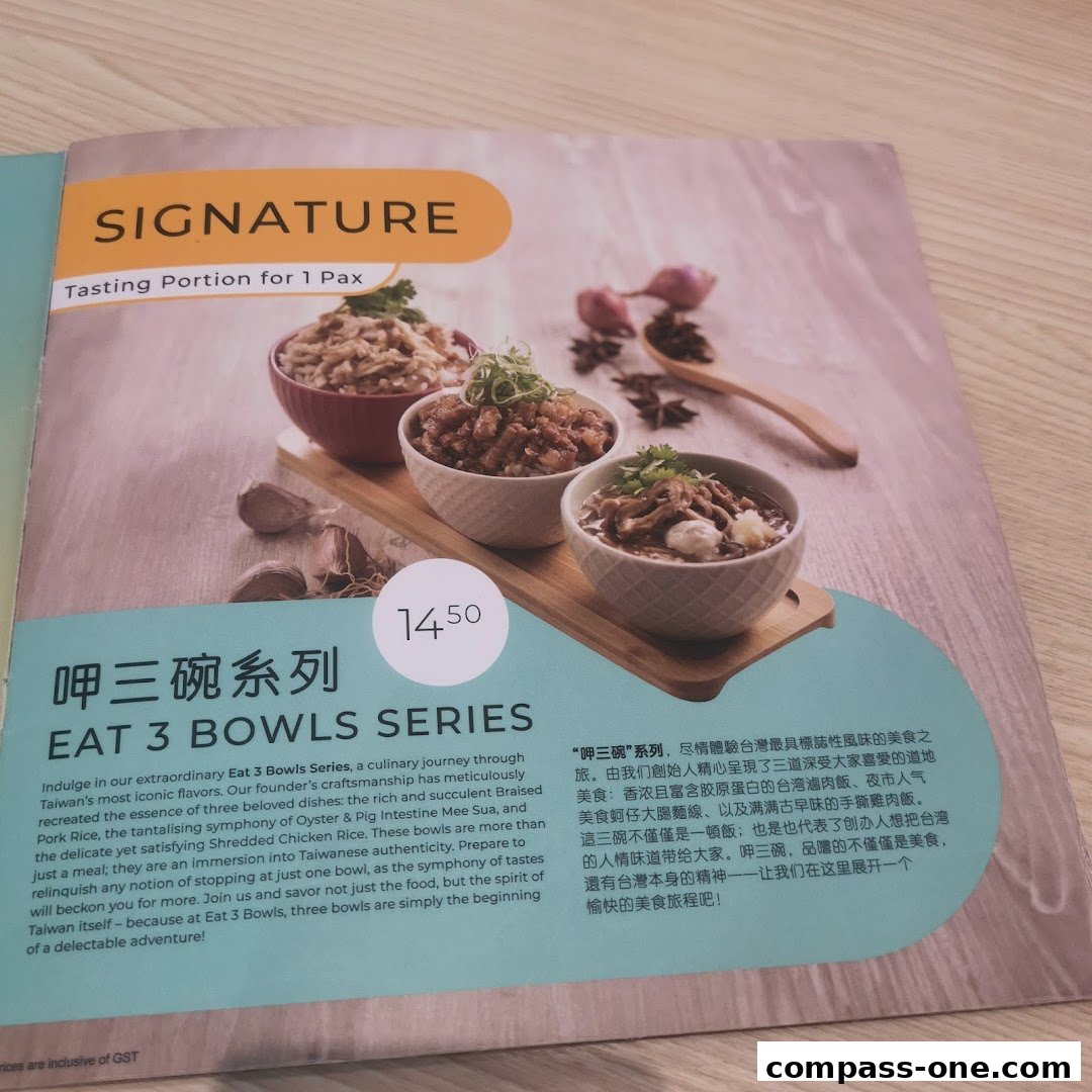 A menu featuring the 'Eat 3 Bowls Series' with three bowls of food and pricing.