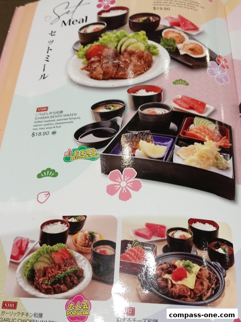A menu page showcasing various Japanese set meals with appetizing food photography.
