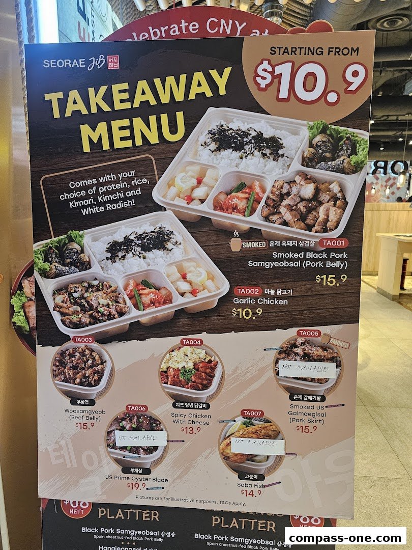 A takeaway menu for Seorae Jib featuring Korean BBQ dishes with prices and descriptions.