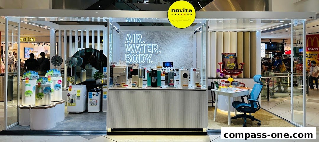Novita store showcasing air purifiers, water dispensers, and a desk setup.