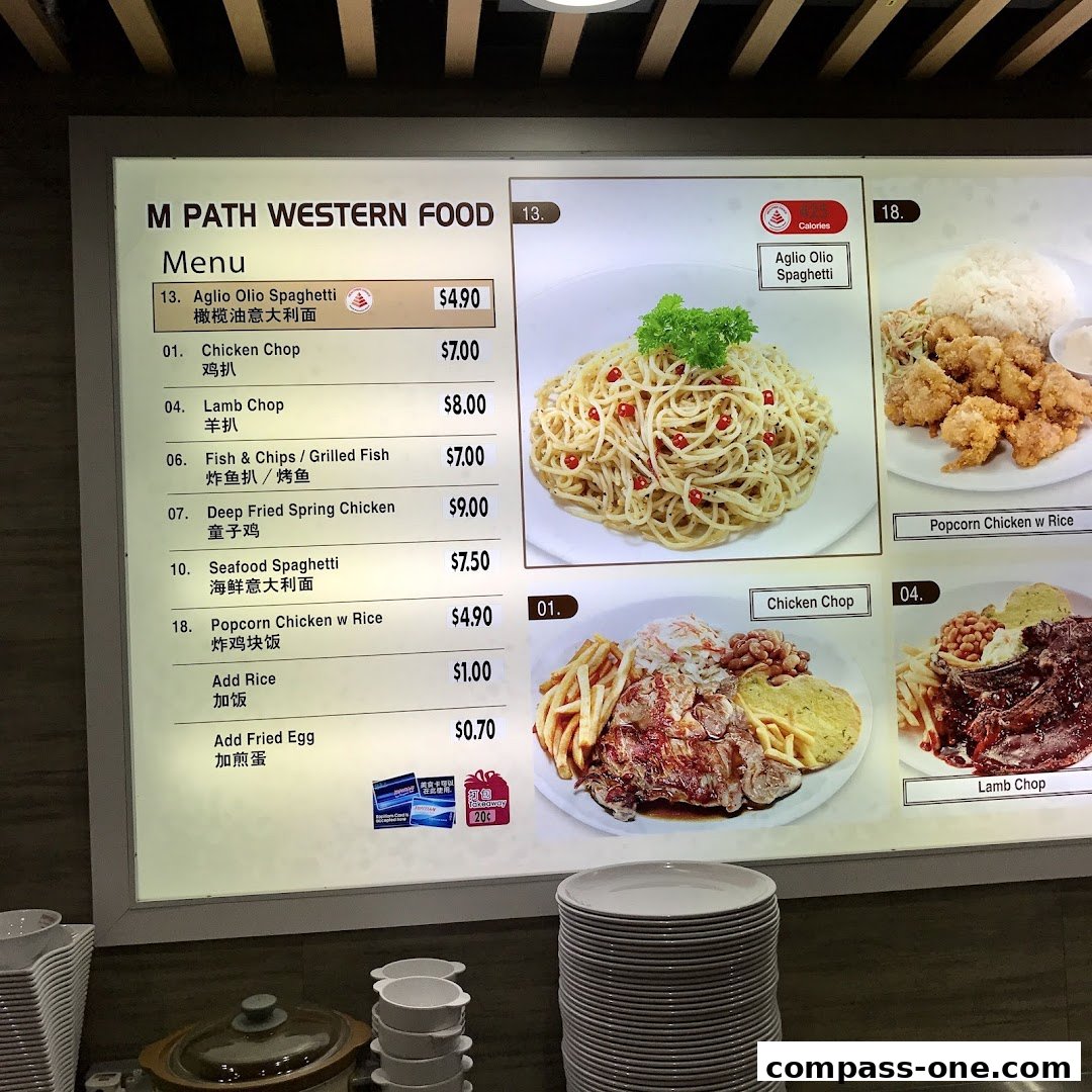 A menu board for M Path Western Food, displaying various dishes with prices and images.