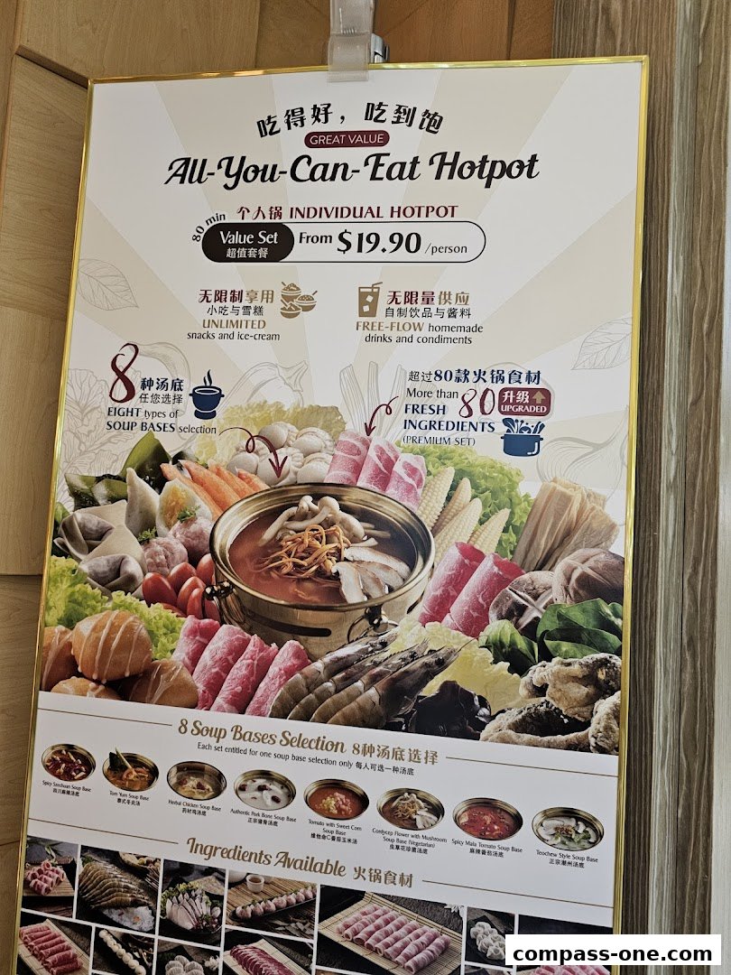 A menu for Paradise Hotpot featuring an all-you-can-eat hotpot experience with various soup bases and ingredients.