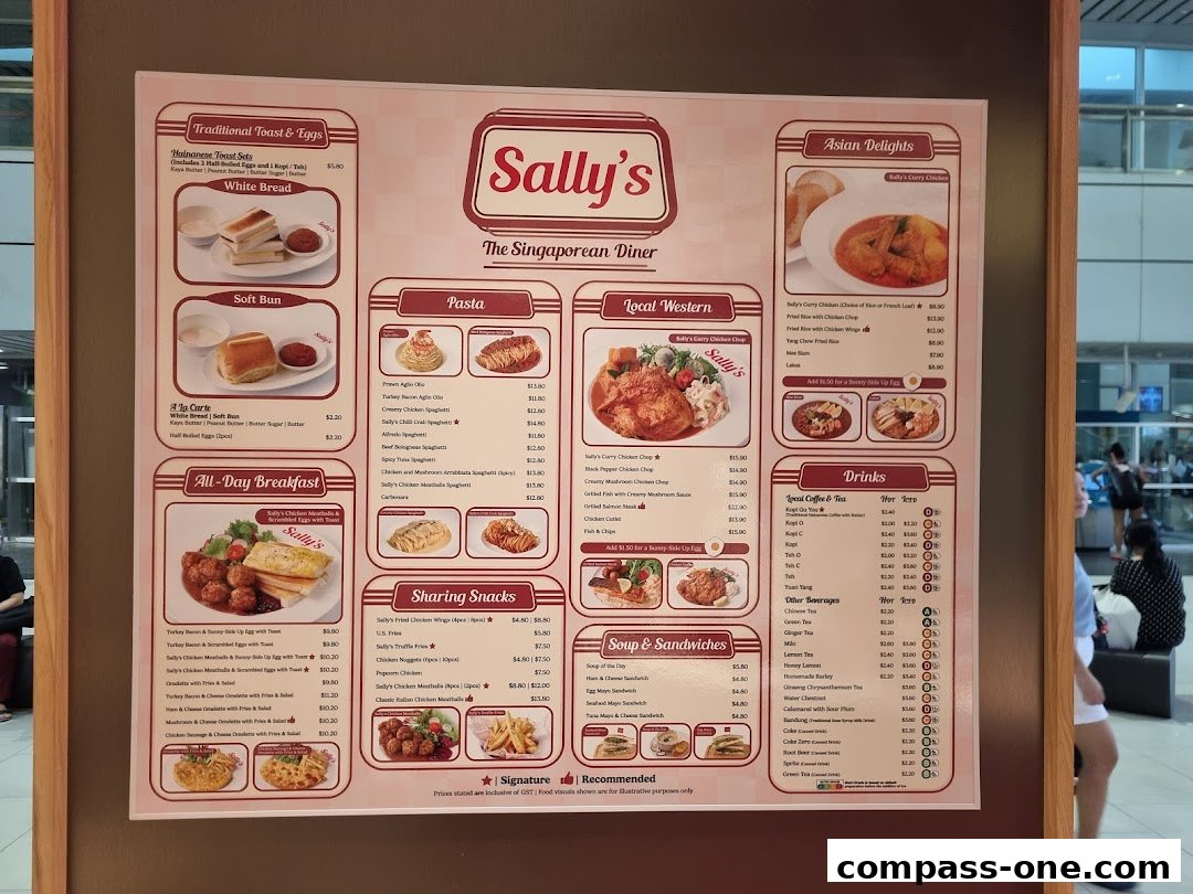 A menu board for Sally's The Singaporean Diner, featuring various food categories and dishes.