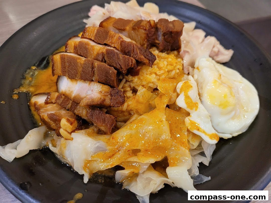A close-up shot of a delicious meal featuring roasted pork belly, rice, and a fried egg.