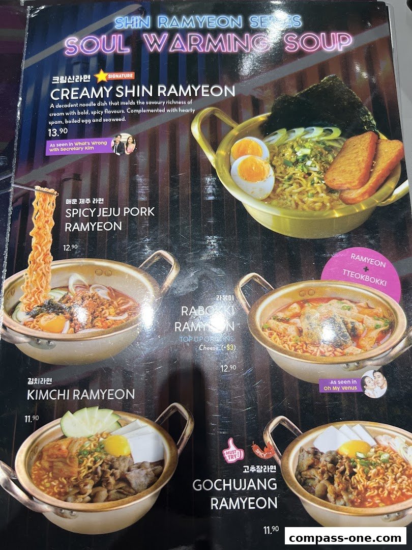 A menu featuring various Korean Ramyon dishes with appetizing images and descriptions.