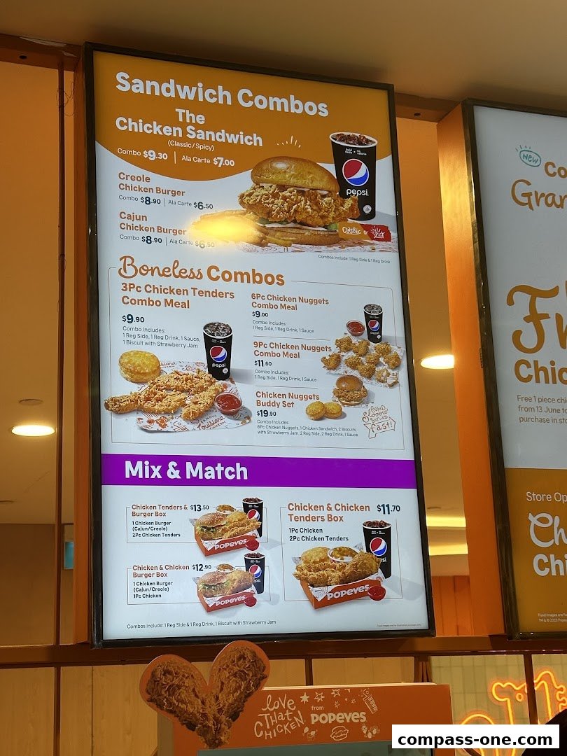 A brightly lit menu board showcasing Popeyes' chicken sandwich and boneless chicken combos, with various meal options and prices.