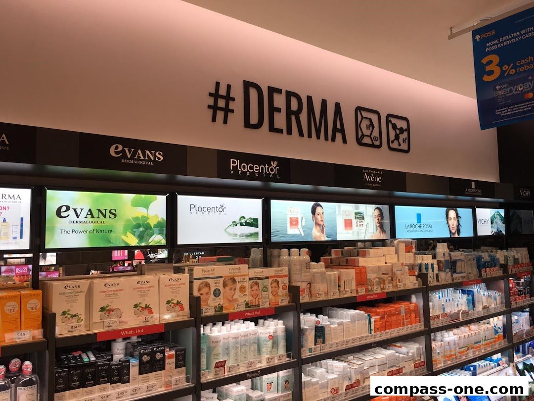 A well-lit retail store interior showcasing a wide selection of skincare products and brands.