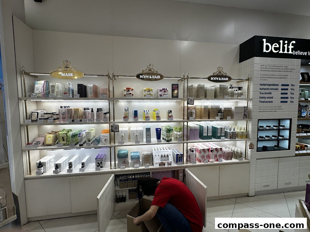 A well-lit retail store interior showcasing shelves stocked with various skincare and beauty products.