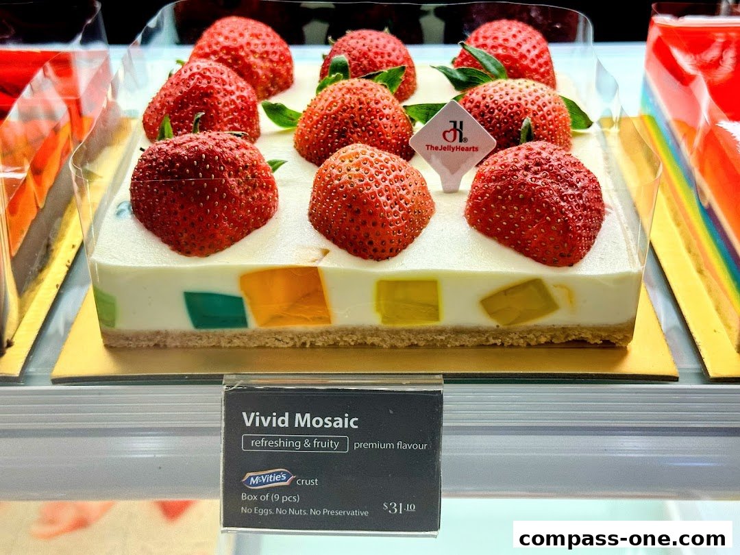 A close-up of a strawberry mosaic cake with colorful jelly cubes and a McVitie's crust.