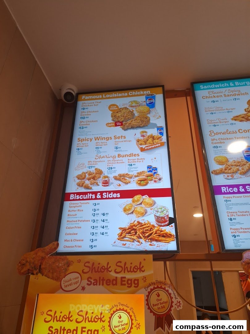 A menu board displaying various chicken meals, sandwiches, sides, and promotions from Popeyes.