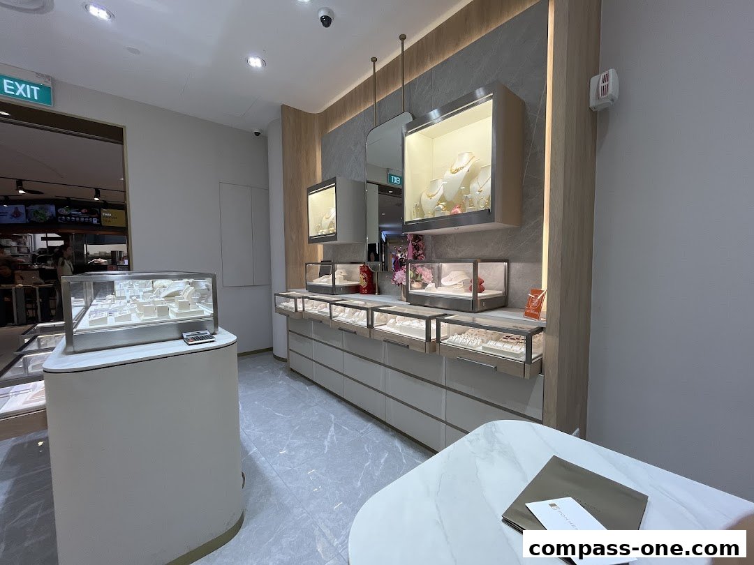 Interior view of a modern jewelry store with display cases filled with necklaces and rings.