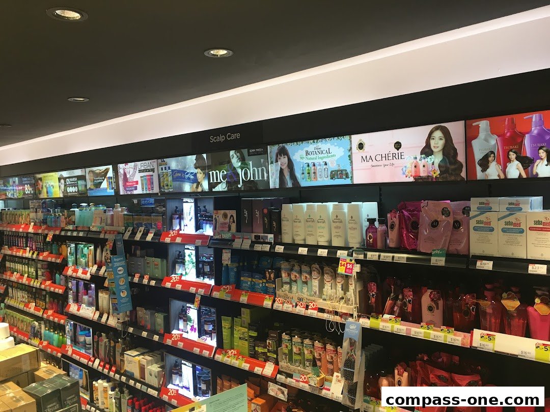 A wide selection of health and beauty products displayed on shelves in a retail store.