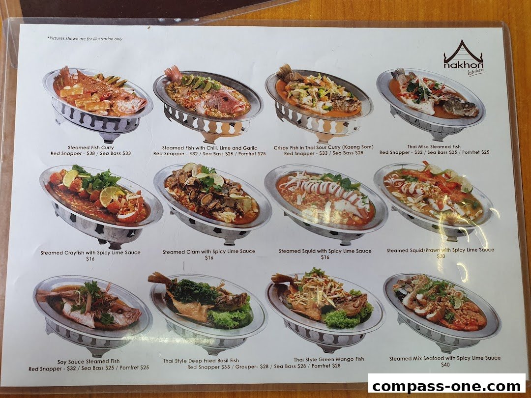 A menu from Nakhon Kitchen showcasing various steamed fish and seafood dishes with prices.