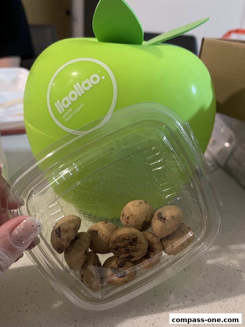 A hand holds a clear container of mini chocolate chip cookies in front of a green llaollao frozen yogurt container.