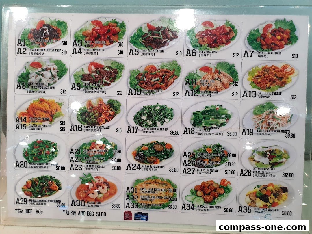 A menu board displaying various Asian dishes with pictures and prices.