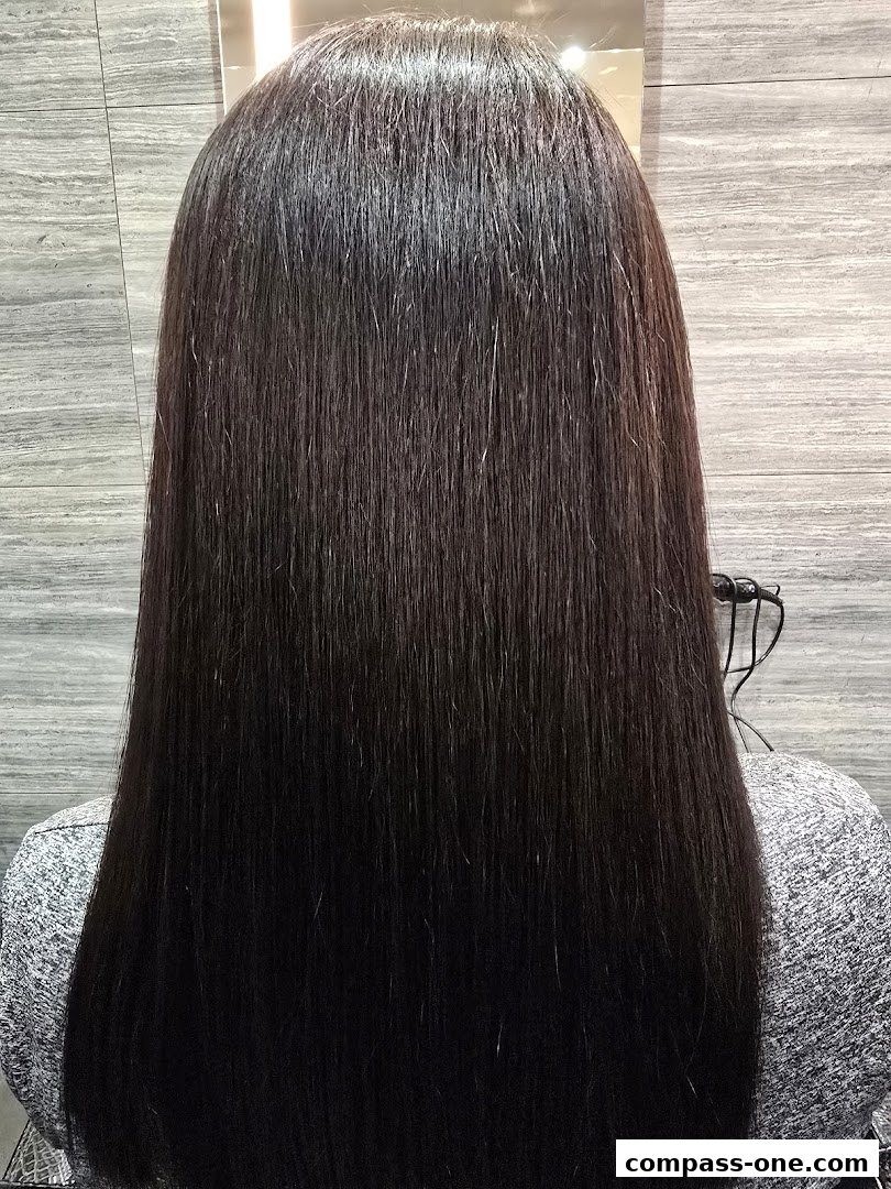 A person's back with long, dark, straight hair, styled and shiny.