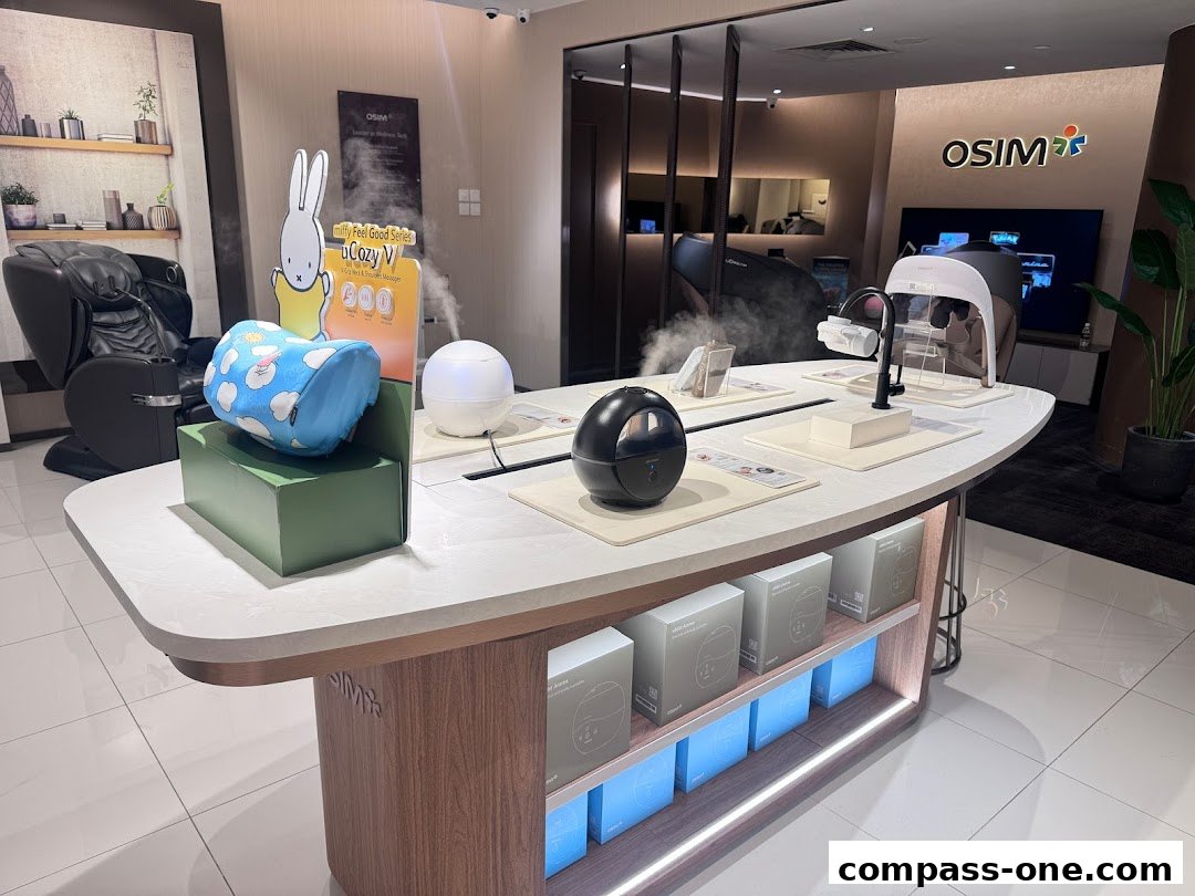 OSIM shop interior showcasing massage chairs, humidifiers, and other wellness products.