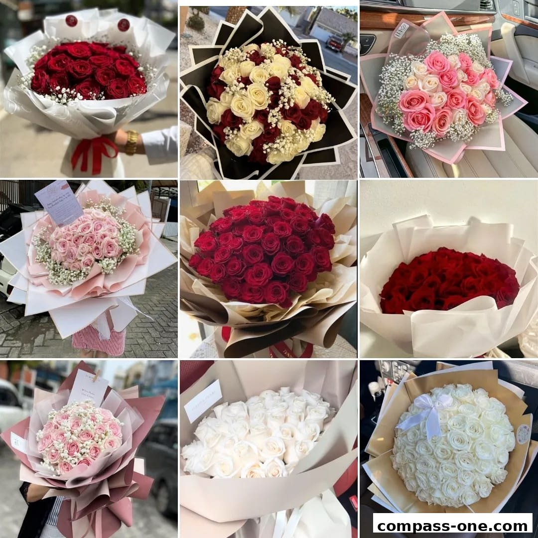 A collage of nine beautifully arranged bouquets of roses in various colors.