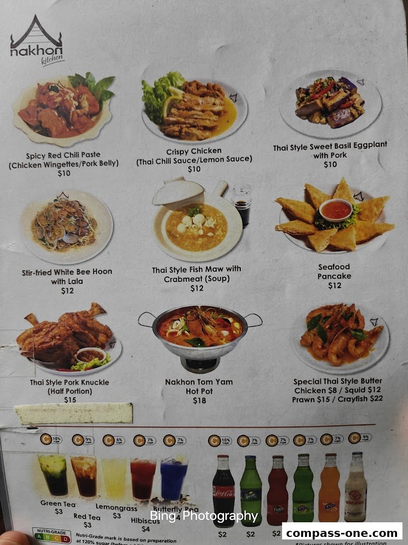 A menu from Nakhon Kitchen featuring various Thai dishes and drinks with prices.
