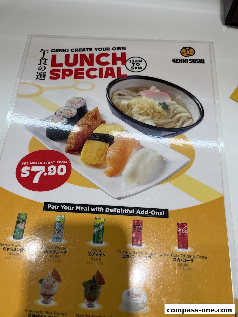 A menu for Genki Sushi featuring a lunch special with sushi and udon, plus drink and dessert add-ons.