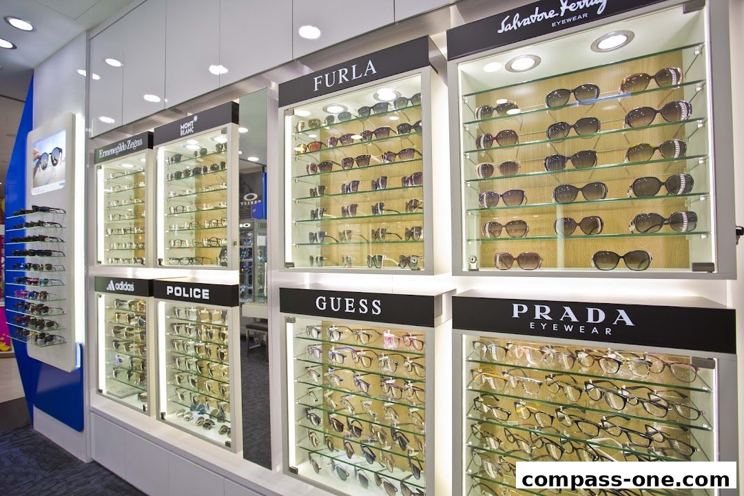 A well-lit display of designer eyeglasses and sunglasses from various brands.