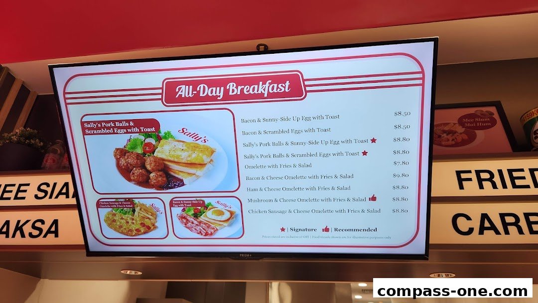 A digital menu board displaying various all-day breakfast options with prices and images.