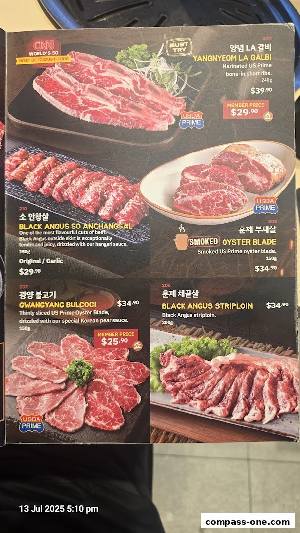 A menu showcasing various cuts of premium beef, including short ribs and striploin.