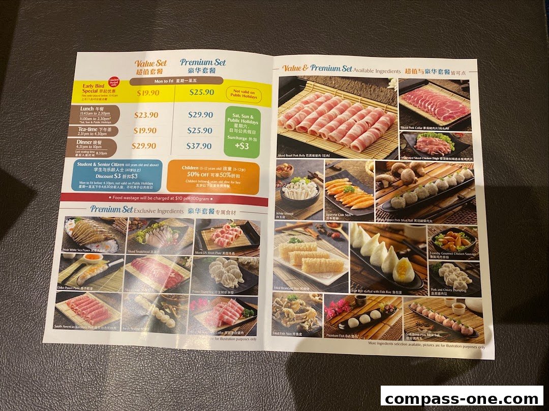 A menu for Paradise Hotpot featuring value and premium set meals with various ingredients.