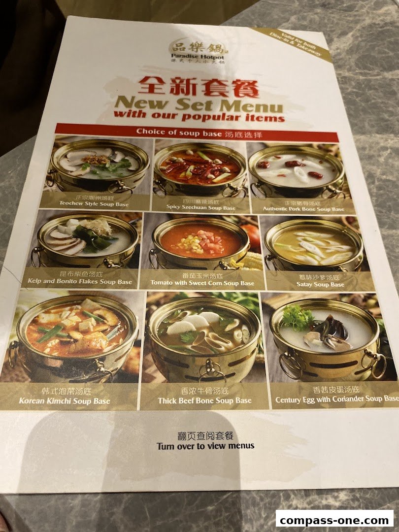 A menu from Paradise Hotpot showcasing various popular soup bases for hotpot.