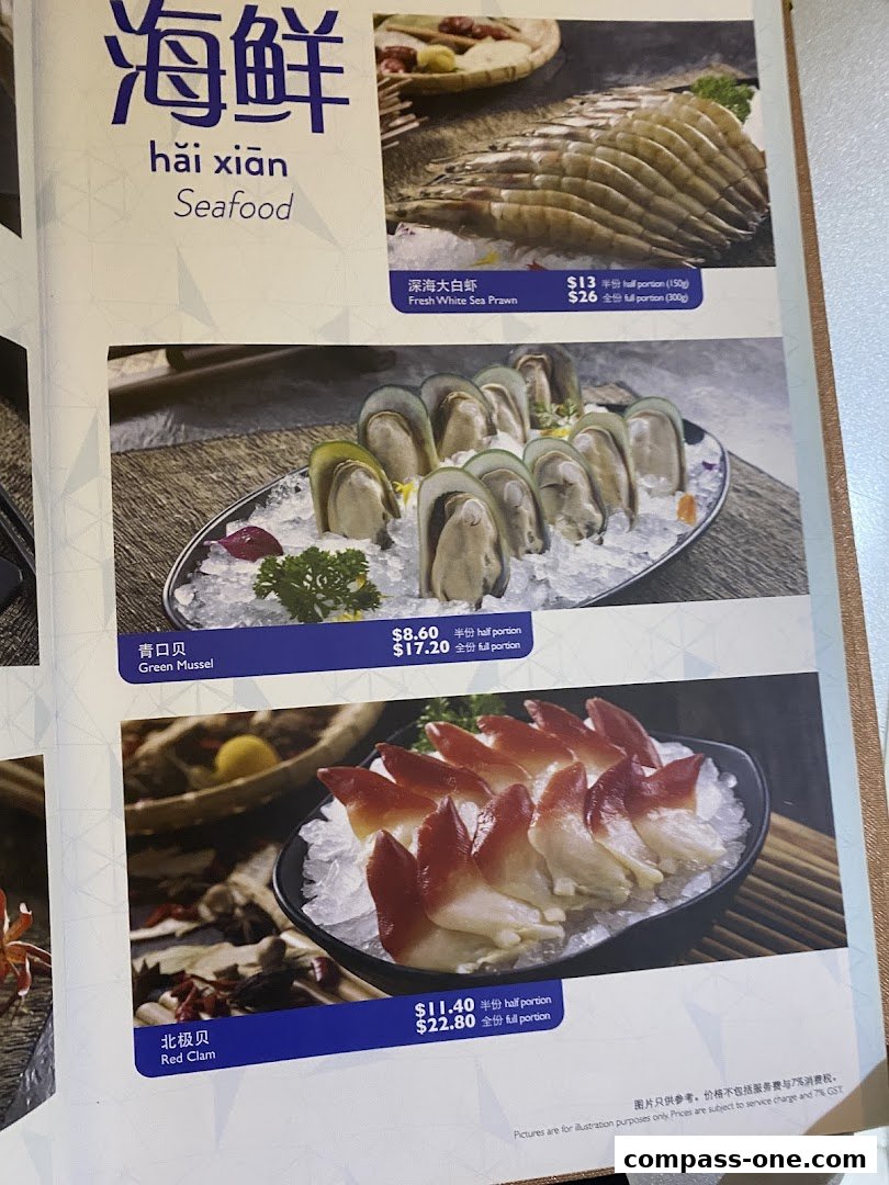 A menu page showcasing fresh seafood options like prawns, mussels, and clams.