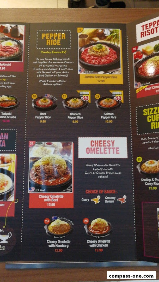 A menu from Pepper Lunch showcasing various rice and omelette dishes with prices.